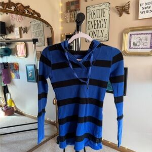 Calvin Klein Blue and Black Striped V-Neck Sweater